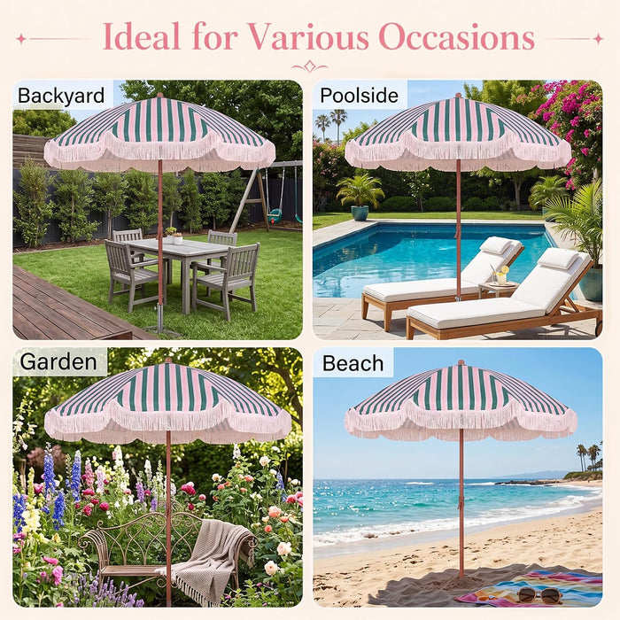 Fringe Patio Umbrella with Solar Powered String Lights, Boho Patio Umbrella for Outdoor, Garden, Deck, Pool, Push Button Tilt Pole