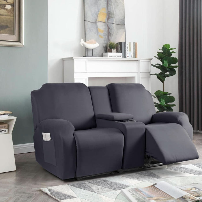 Reclining Loveseat with Middle Console Slipcover, 4 Piece Polyester Fabric Stretch Loveseat Reclining Sofa Covers (Dark Gray, 2 Seat Recliner Cover with Console)