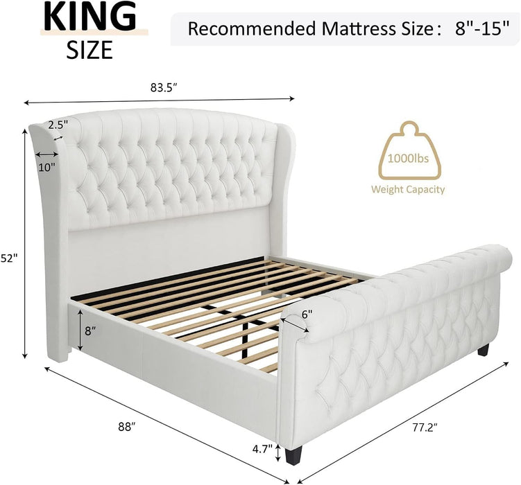 King Size Platform Bed Frame, Chenille Upholstered Sleigh Bed with Scroll Wingback Headboard & Footboard/Button Tufted/No Box Spring Required/Cream