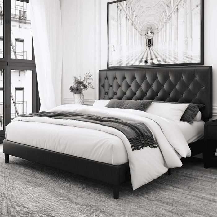 Full Size Bed, Black Faux Leather Upholstered Button Tufted Low Profile Platform Bed Frame with Adjustable Headboard for Bedroom