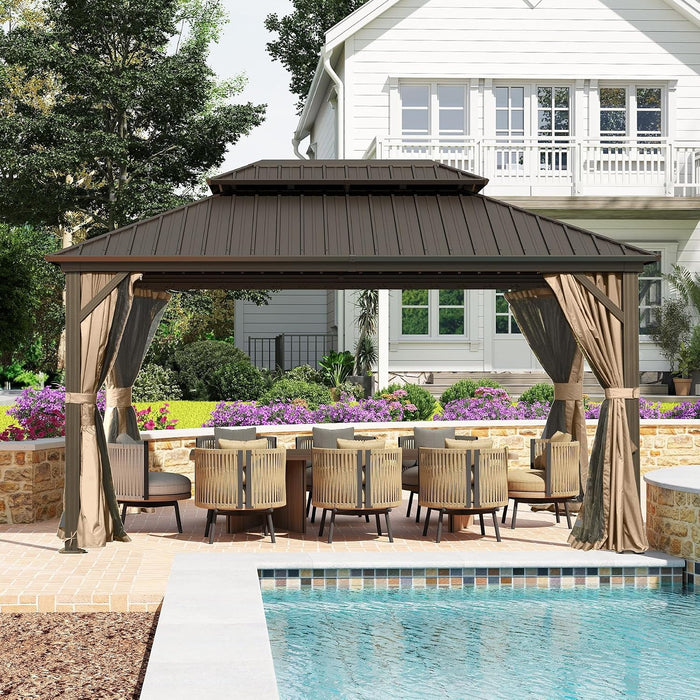 10X14 Feet Outdoor Gazebo Hardtop Curtains Included