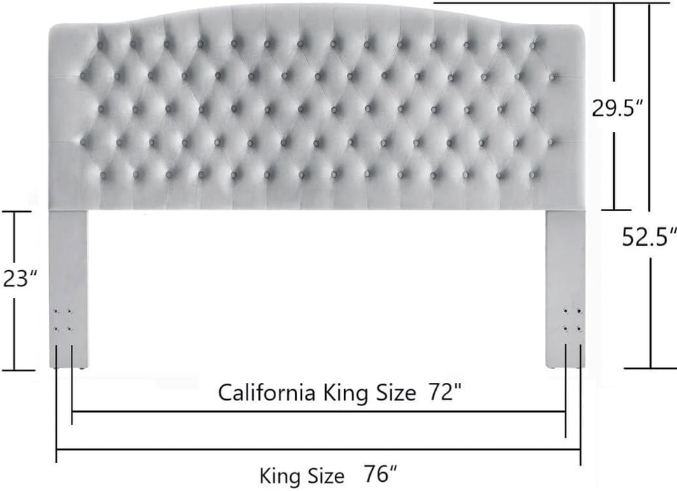 Velvet Upholstered Tufted Button King Headboard and Comfortable Fashional Padded King/California King Size Headboard- Gray
