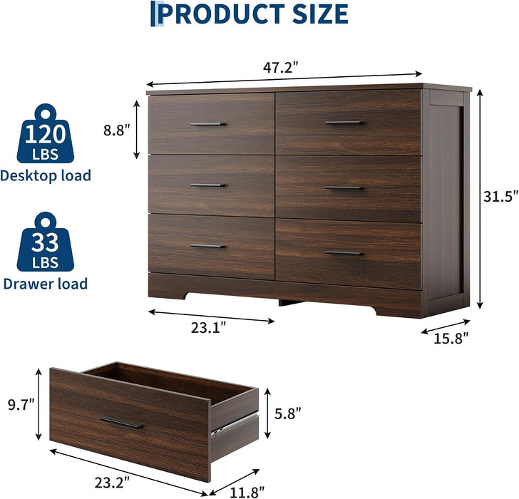 6 Drawer Dresser for Bedroom, Chest of Drawers, Walnut