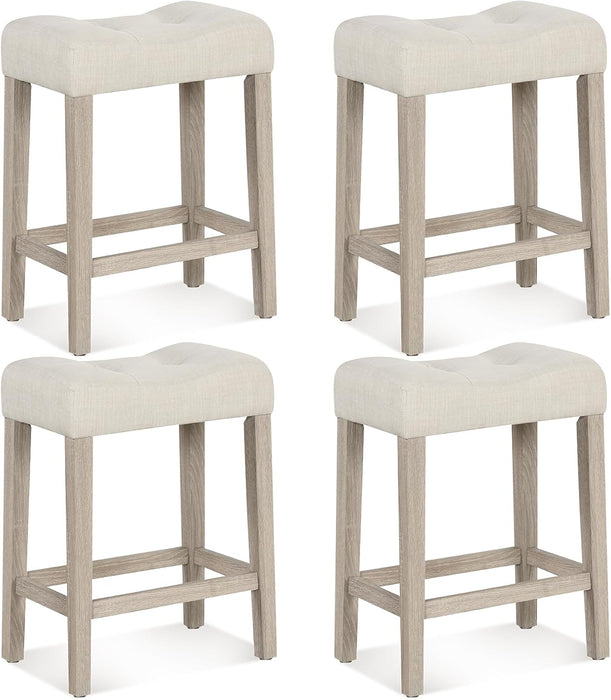 24" Saddle Bar Stools Set of 4, Farmhouse Button Tufted Barstools | Upholstered Counter Height Backless Bar Chairs with Footrest and Wood Legs for Kitchen Island, Dining Room, Cafe