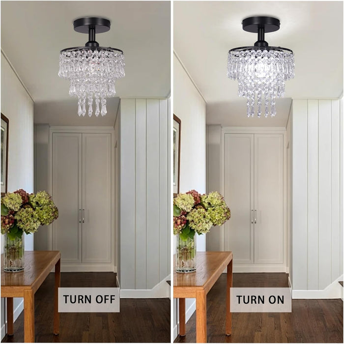 Small Crystal Chandelier Flush Mount Ceiling Light 3 Tiers Raindrops Crystal Chandeliers for Bedroom Hallway Foyer Living Room Entryway Closet,Black