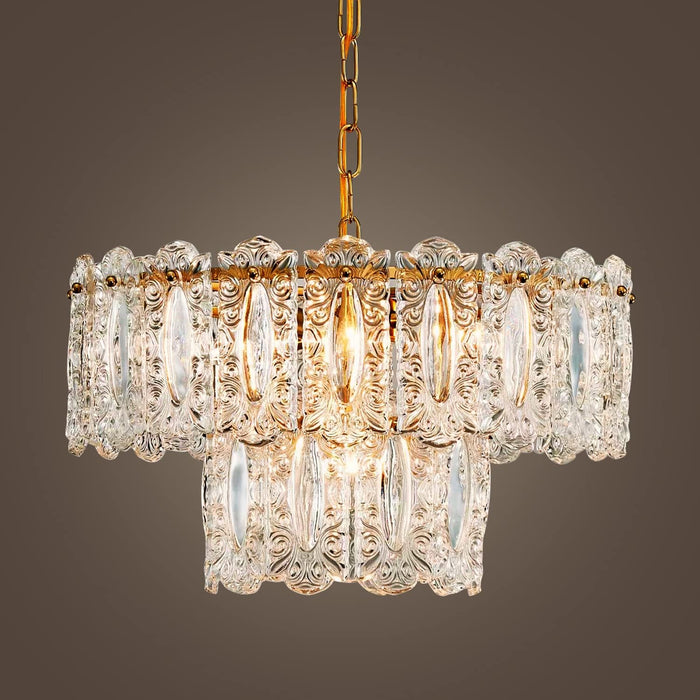 Elegant Glass Chandelier Light Fixture, Modern Vintage Pendant Chandelier Lighting for Dining Room, D18 X H10, 2- Tier Shade & Brass Gold Finish