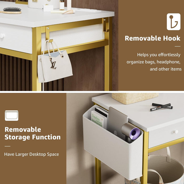 White and Gold Makeup Vanity Desk with Mirror and Lights Big Vanitys Set with Chair, Drawers and Power Outlet, Dressing Table Vanities for Girls Bedroom 47“