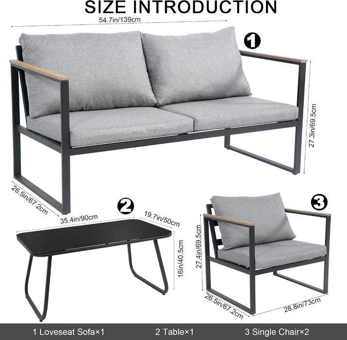 4Pc Metal Patio Conversation Set,Coffee Table,Washable Cushions