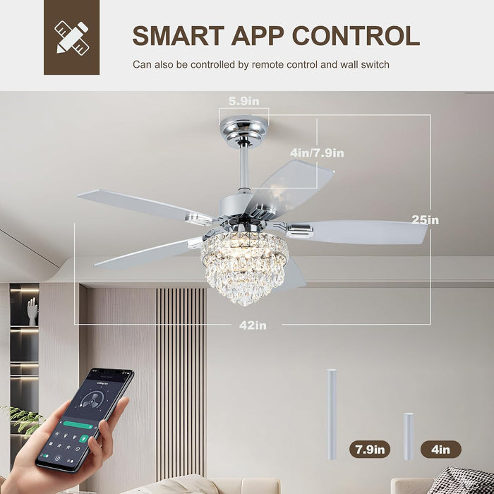 Chandelier Ceiling Fans with Lights and Remote, Nickel 42 In