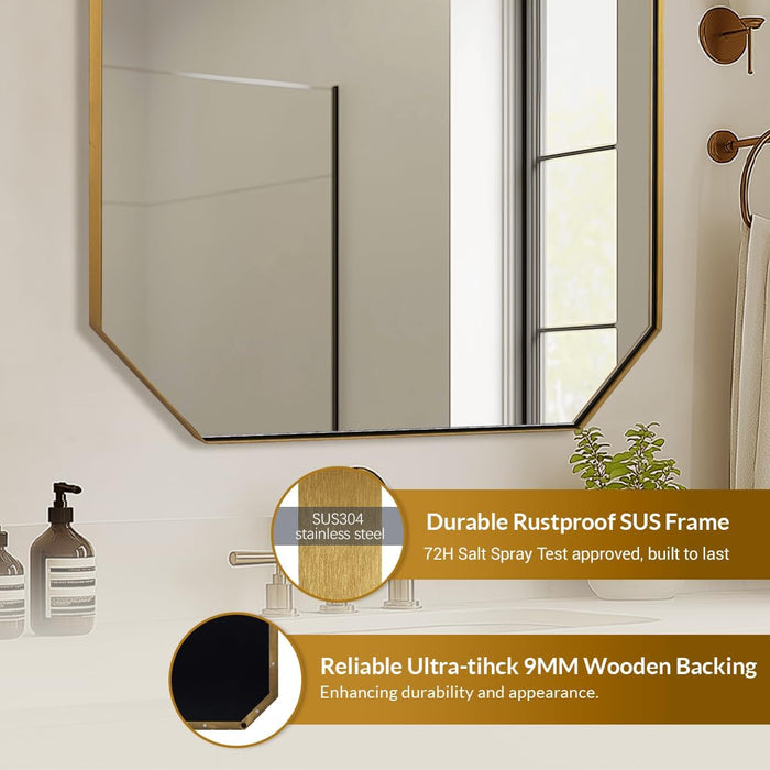 Gold Octagon Bathroom Mirror, 24X36 Inch Stainless Steel Metal Frame, Anti-Rust, Shatterproof HD Glass, Wall Mounted for Bathroom, Bedroom, Living Room