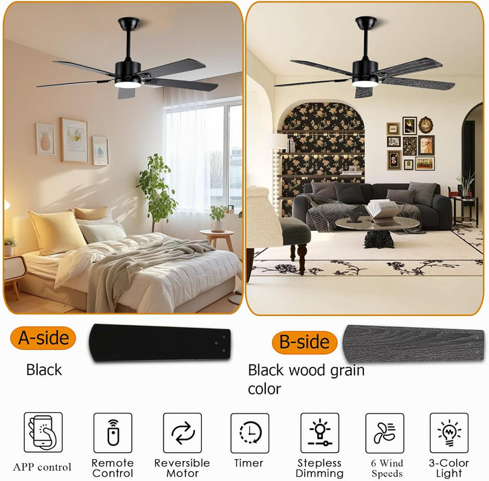 56 Inch Black Ceiling Fans with Lights and Remote/App Control, DC Reversible Motor, Noiseless, Dimmable, 6 Speeds Low Profile Modern Ceiling Fan for Livingroom, Indoor/Outdoor Use