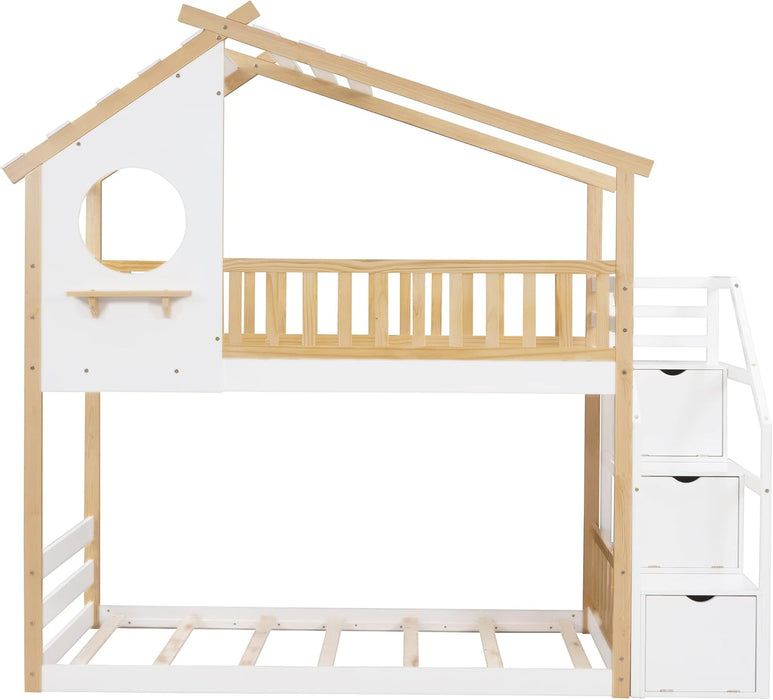 Twin over Twin House Bunk Bed with Storage Stairs, Wood Playhouse Bunk Bed Frame with Stairway and Guardrail for Kids Girls Boys, Natural+White