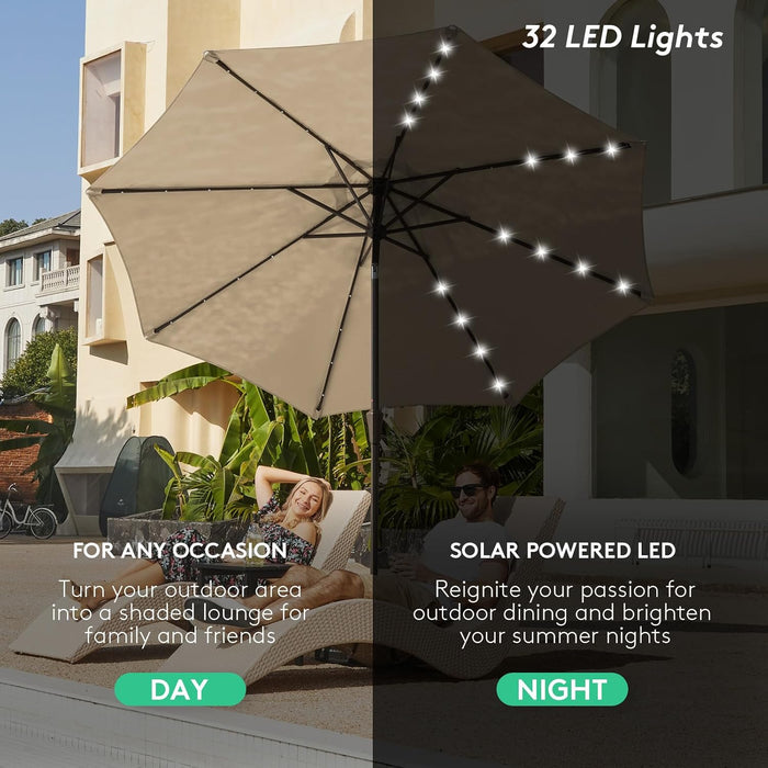 9FT Outdoor Patio Umbrella with Solar Lights, LED Lighted Pool Umbrella with Tilt and Crank, Outdoor Table Umbrellas for Deck, Yard & Market (Beige)