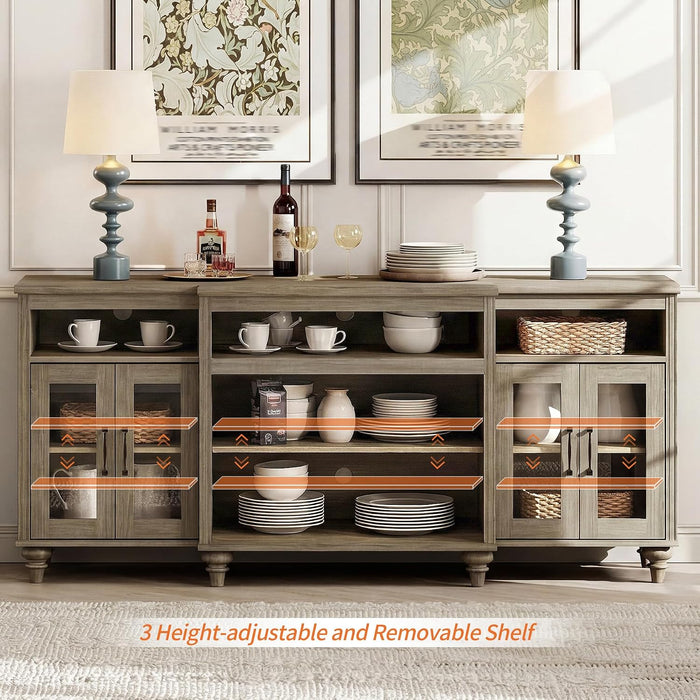 Buffet Cabinet with 4 Glass Doors, Large Coffee Bar Tables Wood Kitchen Storage Cabinets with 9 Storages, Modern Farmhouse Sideboard Credenza, Wash Gray, 70 Inch