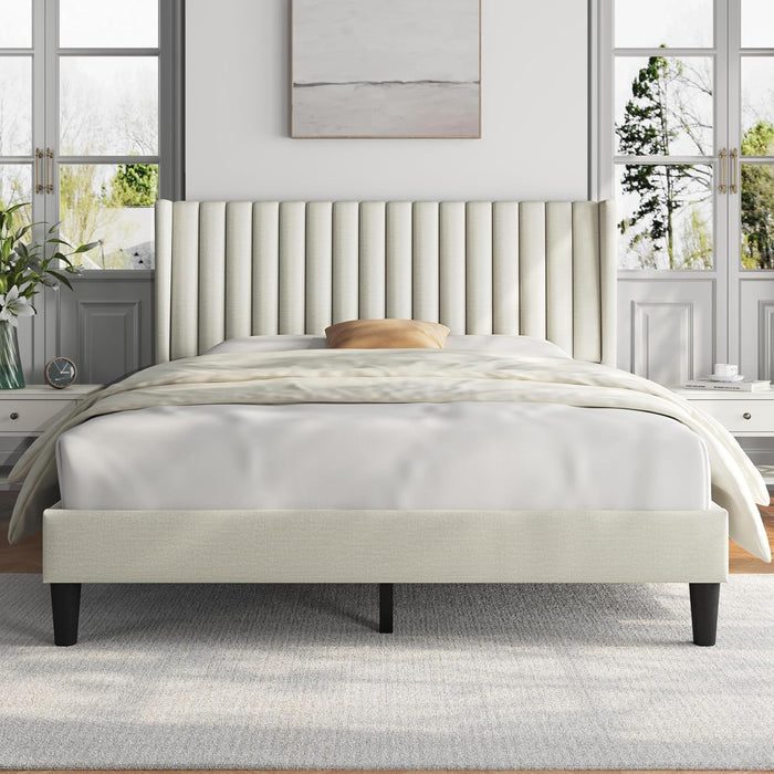Queen Bed Frame Upholstered Platform Bed with Fabric Headboard, Wing Edge Design/Non-Slip and Noise-Free/Wooden Slats Support/No Box Spring Needed/Easy Assembly, Beige Queen Bed