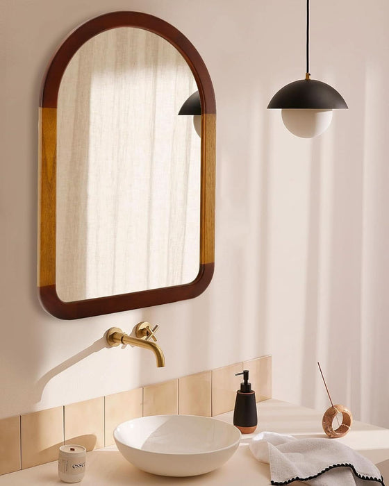 Arched Mirror 24 X 36 Inch,Brown Wood Rustic Bathroom Tempered Wall Mirror with Wood Frame,Round Corner Arch Farmhouse Wooden Vanity Mirror for Living Room,Entryway or Bedroom（Walnut Brown）