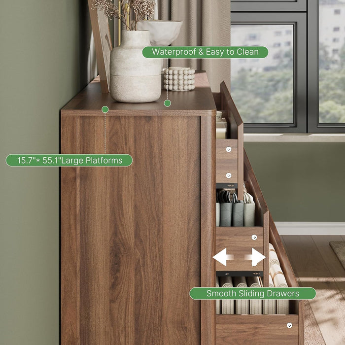 Walnut 6 Drawer Dresser for Bedroom, 55"Wide Modern Wood Dresser
