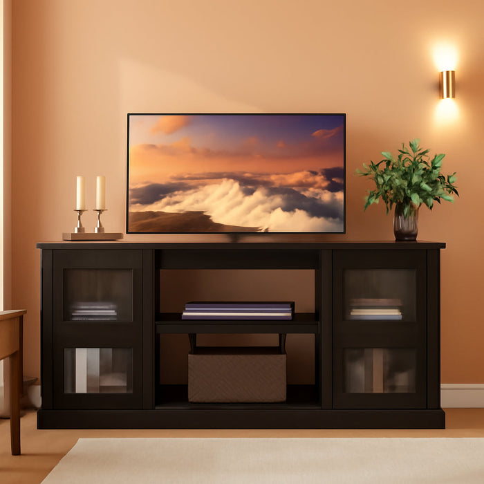 Retro TV Stand for 65 Inch TV, TV Console Cabinet with Storage, Open Shelves Entertainment Center for Living Room and Bedroom, Black