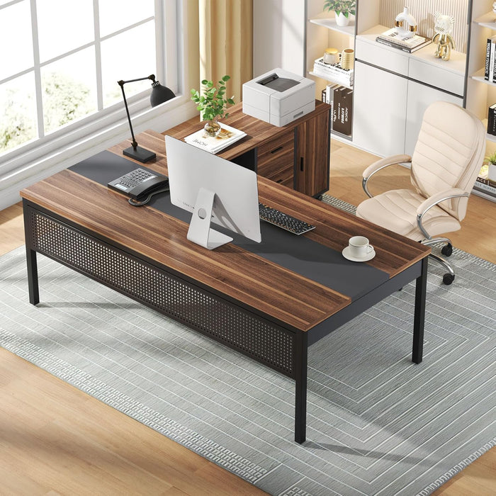 70.8" Large Executive Office Desk and 47" Lateral File Cabinet Combo, L-Shaped Computer Desk 2 Piece Business Furniture with Drawers and Shelves, Home Office Workstation, Walnut