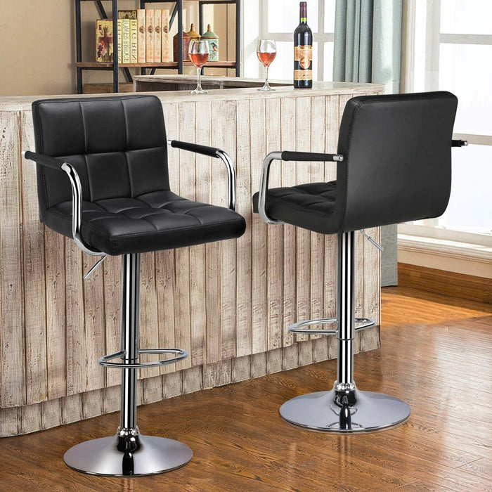 Bar Stools Set of 2, PU Leather Adjustable Swivel Barstools, Hydraulic Kitchen Counter Height Bar Chairs with Armrest and Back for Bar, Kitchen, Dining Room, Black