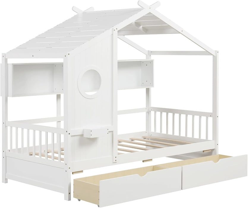 White Twin Size Wooden House Bed TwoUnderbedStorageDrawers