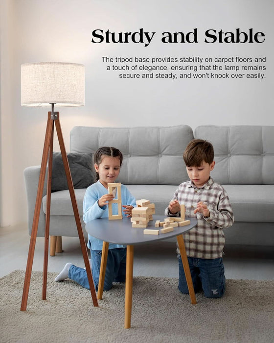 Solid Wood Tripod Floor Lamp with 3 Color Temperatures LED Bulb, Mid Century Modern Reading Standing Light Nature Linen Shade Tall Night Light for Bedroom Living Room Office Study Room, Brown