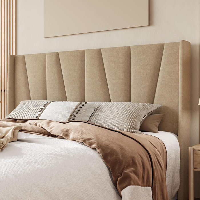 King Size Platform Bed Frame with Geometric Wingback Headboard, Boho Upholstered Bed with Wooden Slats Support, No Box Spring Needed, Easy Assembly, Beige