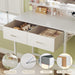 Small Vanity Desk with Mirror and Lights, Makeup Vanity with Fabric Storage Drawer, Chair and Three Shelves, White Vanity with Power Outlet and Fold-Up Panel, Bedroom