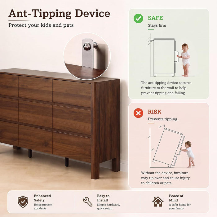 Walnut Dresser for Bedroom, 63" Mid-Century 9 Drawer Dresser with Wide Drawers and Wood Legs, Curved Edge Design, Modern Large Dressers & Chests of Drawers for Bedroom, Hallway.