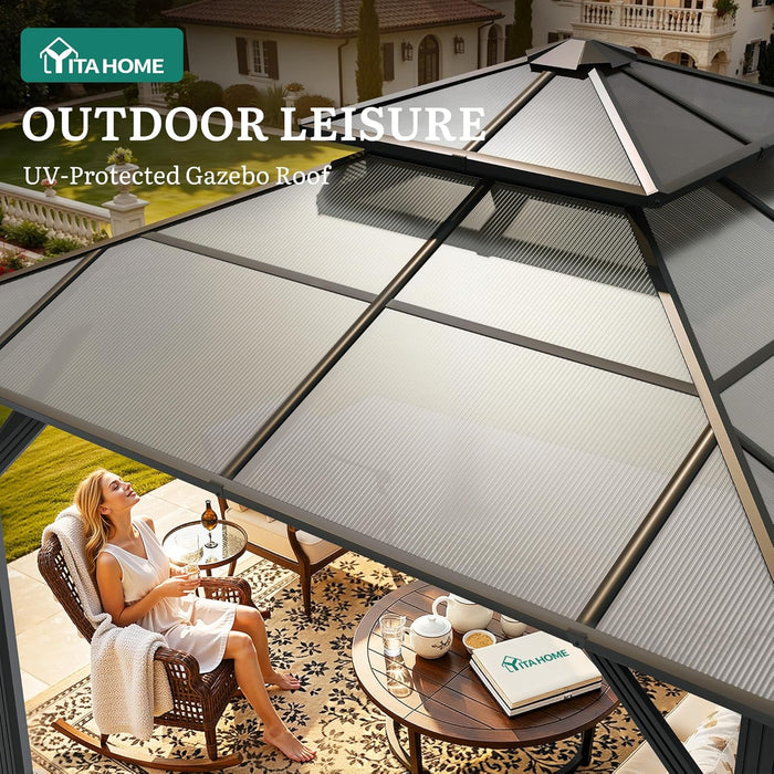10X10FT Polycarbonate Hardtop Gazebo Outdoor Patio Double Top Canopy Galvanized Iron Metal Column Garden Tent Curtains Netting for Backyards Decks Lawns,Gray