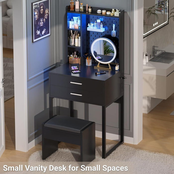 Small Vanity Desk with Hutch and Drawers, Black Makeup Vanity Desk with Charging Station, Vanity Table Dressing Table with LED Lights, Vanity Desk No Mirror with Pegboard for Girls Women, 24"