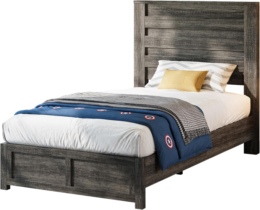 Farmhouse Twin Platform Bed with 49" Fluted Headboard, Wood Bed Frame with Natural Grain Finish, No Box Spring Needed, Noise-Free, Rustic Grey