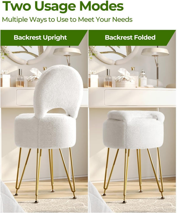 Vanity Stool Chair with Storage and Folding Back, 15.7" X 15.7" X 19.5" Faux Fur Soft Ottoman for Adults, 4 Metal Legs with Anti-Slip Feet, Furry Padded Seat for Makeup, Bedroom, White