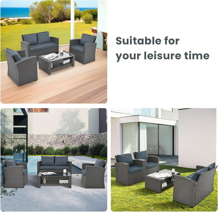 4 Pieces Patio Furniture Set, Outdoor Wicker Conversation Furniture Sets with Sofa, 2 Chairs and Coffee Table, Outdoor Loveseat with Soft Cushion for Garden, Balcony, Pool, Backyard, Grey