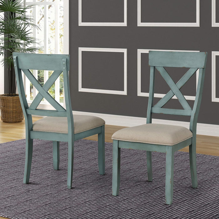 Prato Two-Tone Wood Cross Back Upholstered Dining Chairs, Set of 2, Blue and Tan