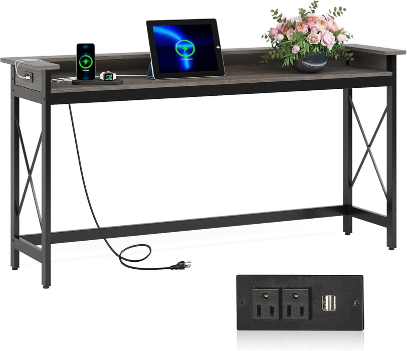 Sofa Table with Outlets and USB Ports, 70.9 Inch Extra Long Console Table behind Couch with Charging Station, Industrial Narrow Entryway Hallway Accent Table for Living Room