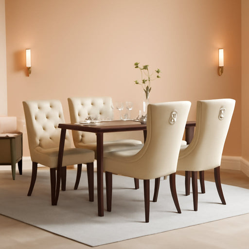 Set of 2 Beige Velvet Upholstered Dining Chairs, Button Tufted, Nailhead Trim, Back Ring Pull, Gold, 20″ Seat Height