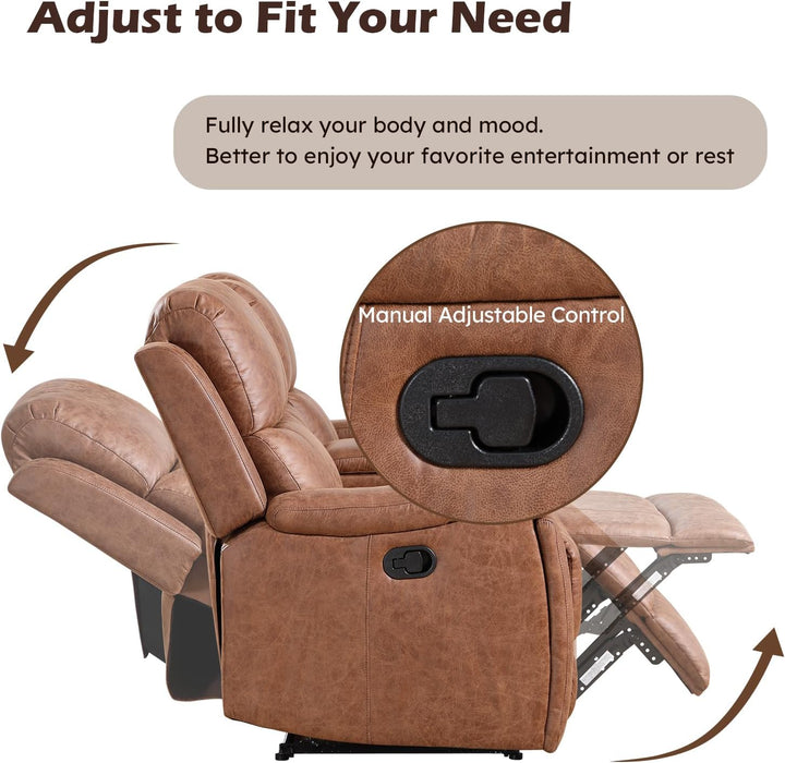 Faux Leather Manual Reclining Sofa,3 Seat Recliner Couch Sofa with Overstuffed Arms and Back,Manual Recliner Sofa Set with Concealed Cup Holders for Living Room,Brown