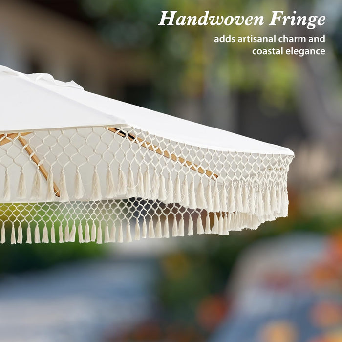 8.5Ft Luxury Premium Boho Patio Umbrella Wood Pole Fancy Bali-Style Outdoor Umbrellas UPF 50+ Sun Protection with Pulley Lift Air Vent Tassel Fringe for Garden, Pool, Deck, Beach, Backyard, Events