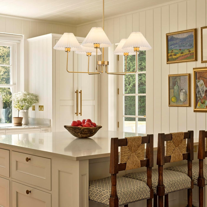 5-Light Gold Chandelier,Mid Century Modern Dining Room Light Fixtures with White Pleated Fabric Shades, Chandeliers Lighting Fixtures for Kitchen Island above Dining Table,Height Adjustable