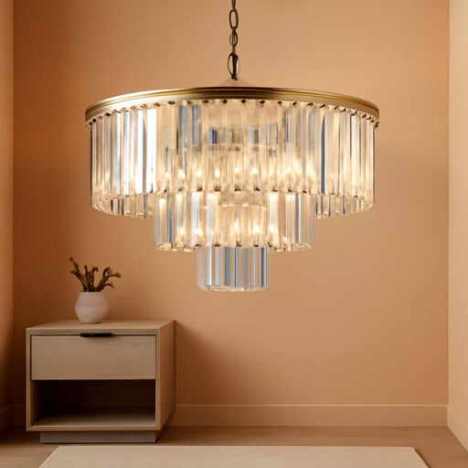 Gold Modern Crystal Chandelier, 3-Tier round Flush Mount Ceiling Light Fixtures Height Adjustable Pendant Lighting for Dining Room Living Room Bedroom Kitchen Hotel Foyer