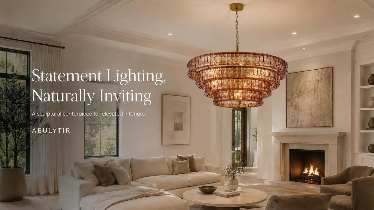 40 Inch Modern round Amber Crystal Glass Chandelier, Large 4-Tier 10 Lights Gold Luxury Hanging Light Fixture, for Dining Room, Kitchen Island, Living Room, Entryway (Included E12 Bulbs)