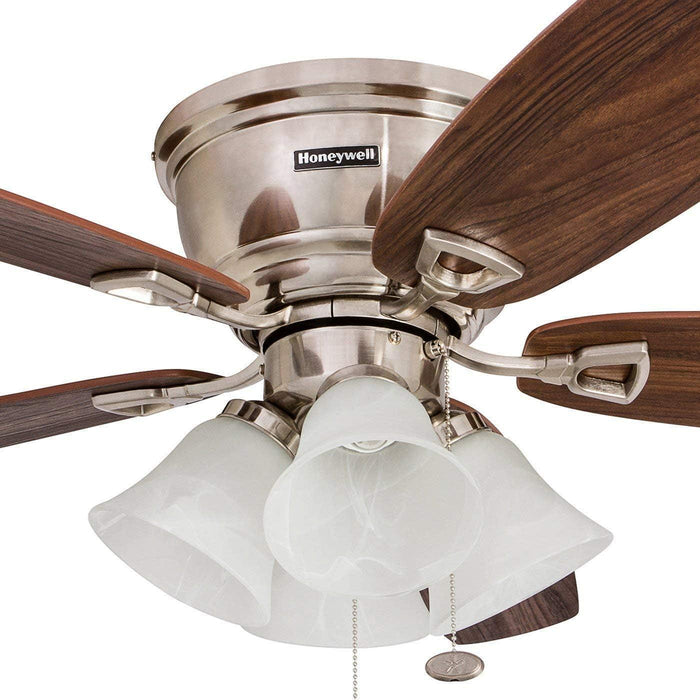Ceiling Fans Glen Alden, 52 Inch Classic Flush Mount Indoor LED Ceiling Fan with Light, Pull Chain, Quick-2-Hang Dual Finish Blades, Reversible Motor - 50182 (Brushed Nickel)
