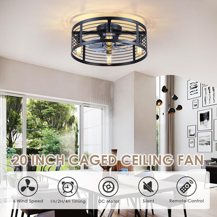 Caged Ceiling Fan with Light Flush Mount, 20 Inch Low Profile Black Fandelier with Remote, Bladeless Ceiling Fans with Lights for Bedroom Kitchen Dining Room (Bulb Not Included)