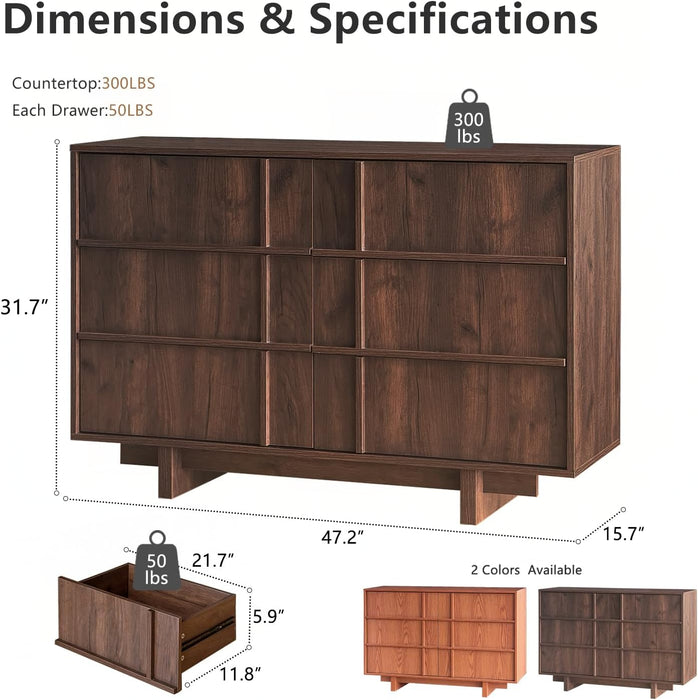 47" Wide 6 Drawer Dresser for Bedroom, Skeleton Line Design