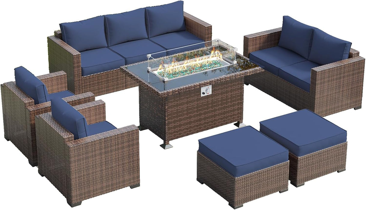 Outdoor Patio Furniture Sets, 10 Pieces Wicker Patio Furniture, Outdoor Sectional Patio Couch Set with Ottoman, Outdoor Conversation Set with 44" Gas Fire Pit (Navy)