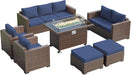 Outdoor Patio Furniture Sets, 10 Pieces Wicker Patio Furniture, Outdoor Sectional Patio Couch Set with Ottoman, Outdoor Conversation Set with 44" Gas Fire Pit (Navy)