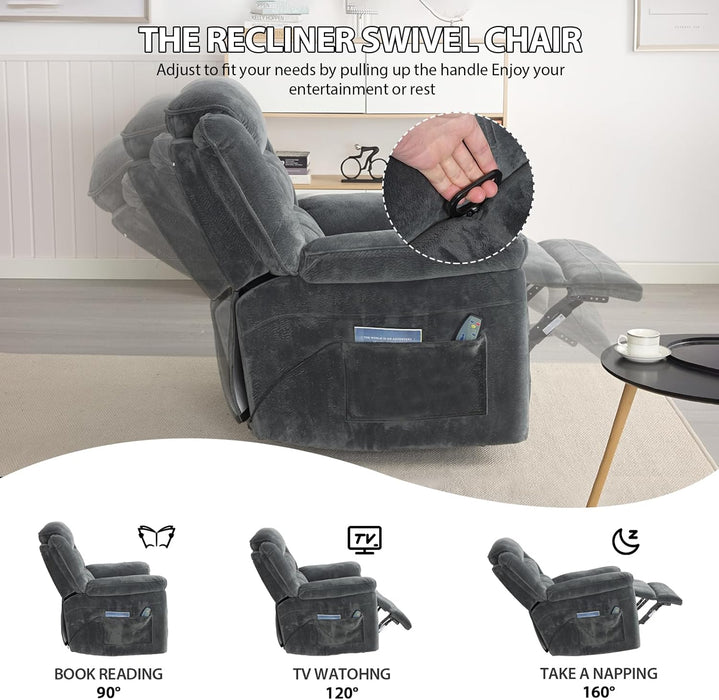 Grey Heated Recliner with Massage, Swivel Rocker