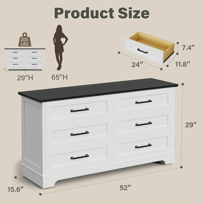 Dresser for Bedroom, Farmhouse 6 Drawers Dresser, Chest of Drawer Chest, Multi-Tier Clothing Storage Cabinet, White and Black