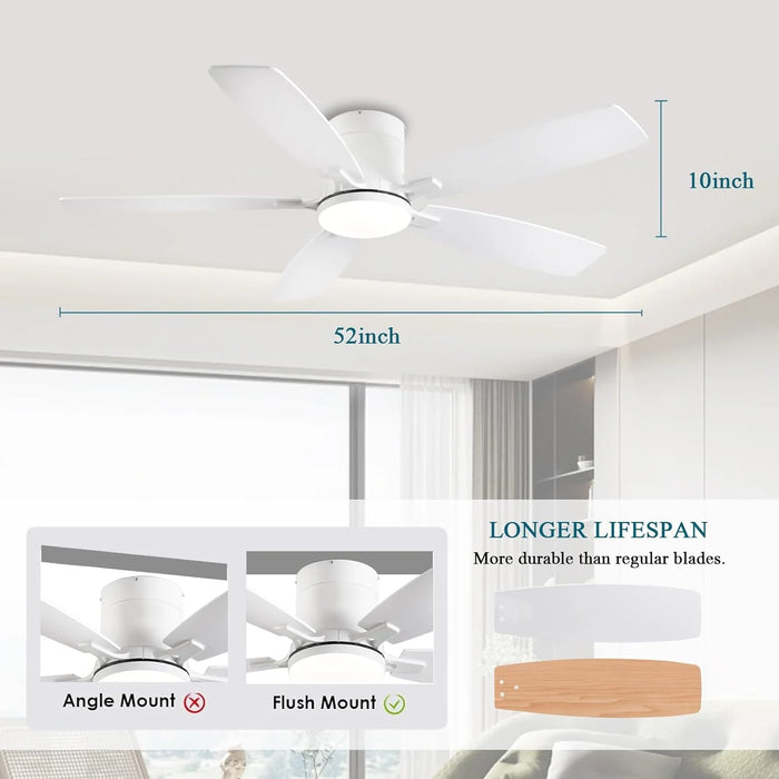 Ceiling Fans with Lights, 52 Inch Low Profile Ceiling Fan with Light and Remote Control, Flush Mount, Reversible Motor, Dimmable, Noiseless, White Ceiling Fan for Bedroom, Indoor/Outdoor Use